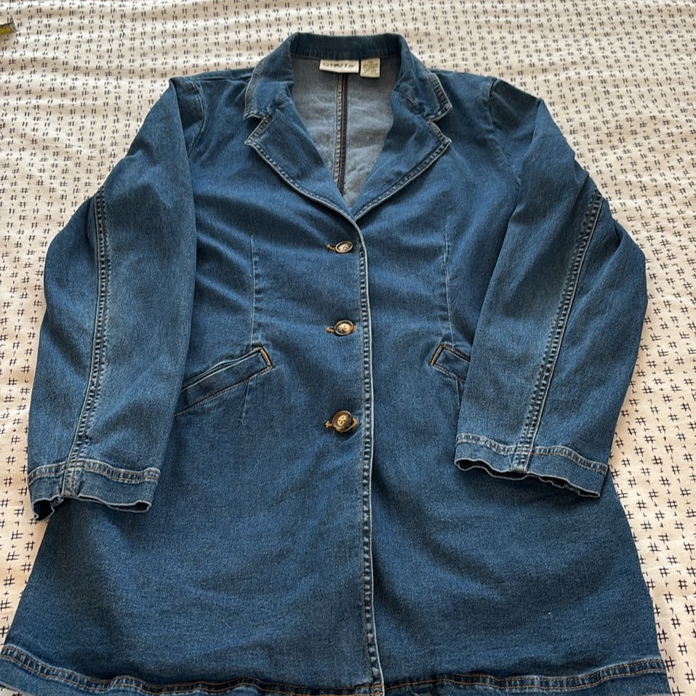 Vintage Orvis denim blazer, fitted, longer length, 2 pockets, size L